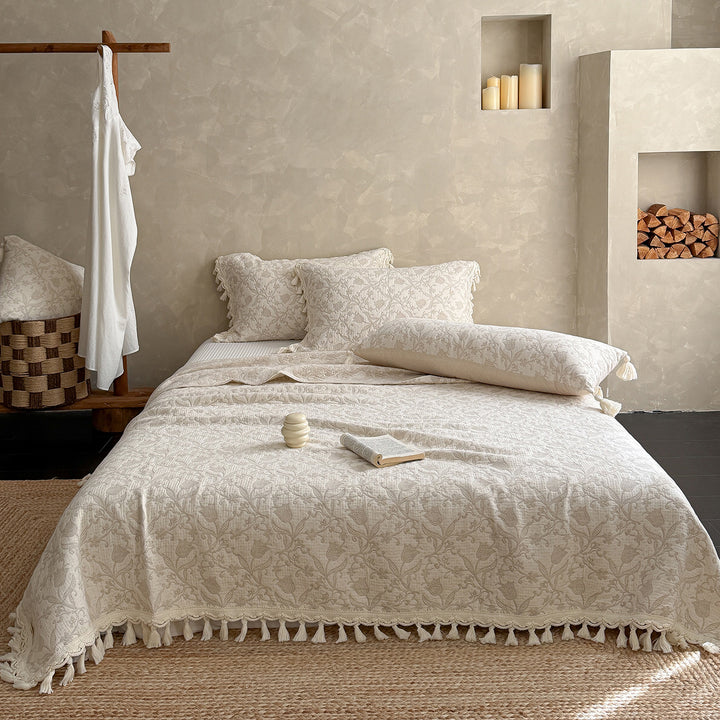 Quilted Cotton Jacquard Tassel Bedspread and Pillow Sham Set