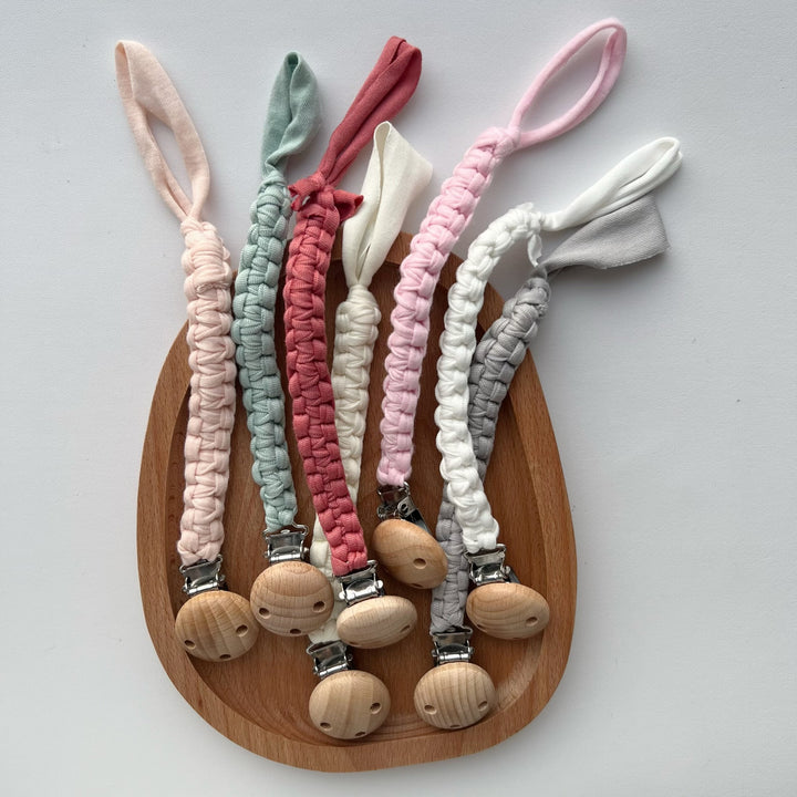 Braided Cotton Pacifier Clip with Wooden Safety Clip