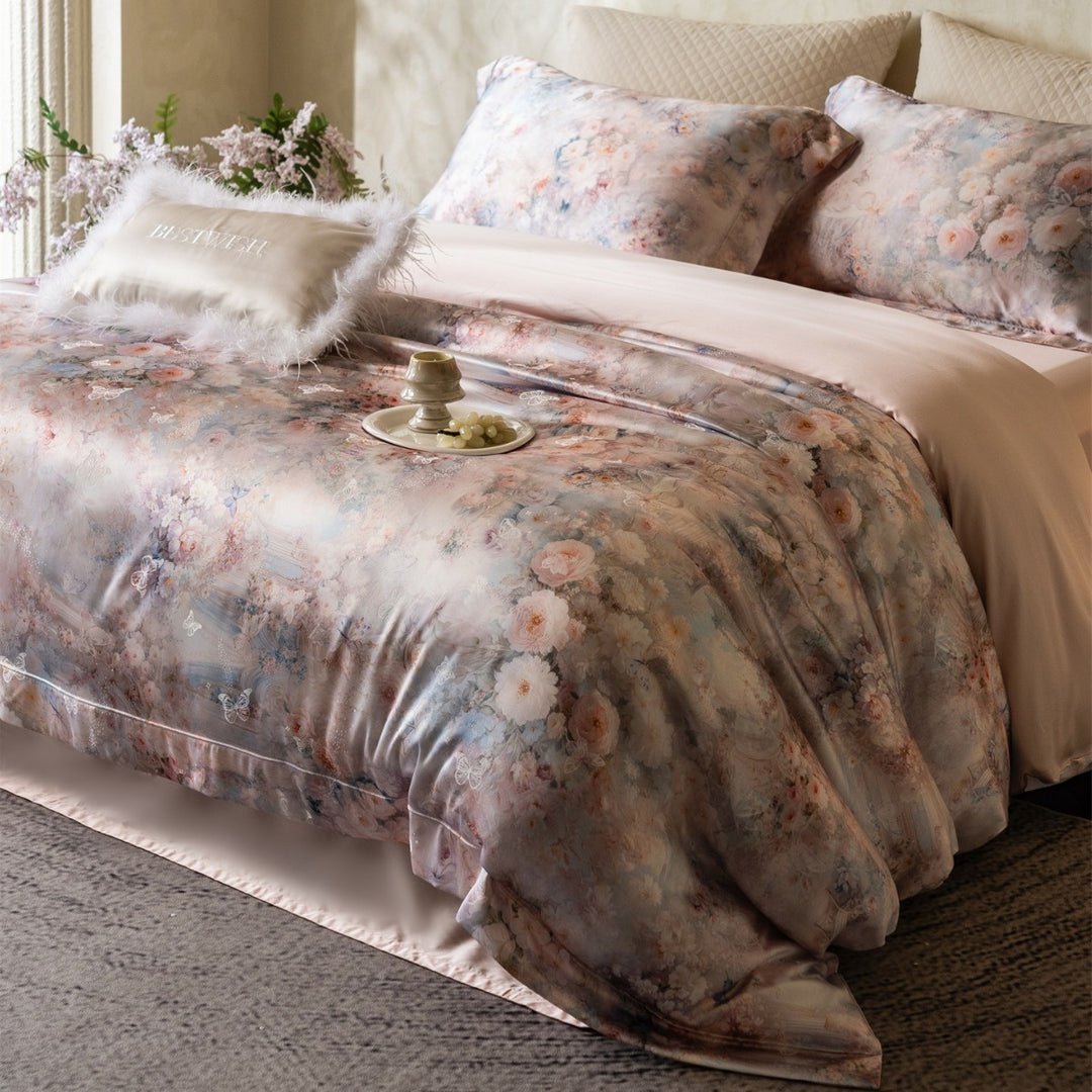 Botanical Watercolor Satin-Feel Duvet Cover Set with Piped Hem & Envelope Shams