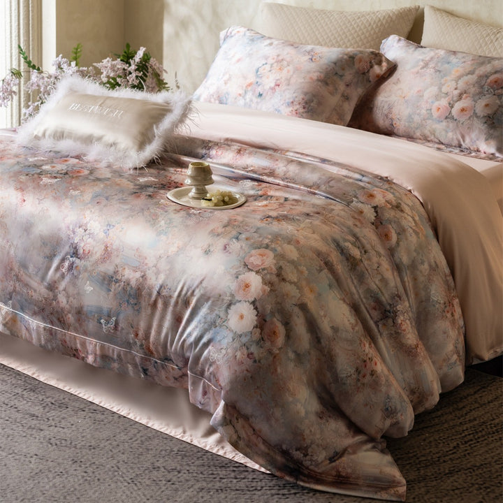Botanical Watercolor Satin-Feel Duvet Cover Set with Piped Hem & Envelope Shams