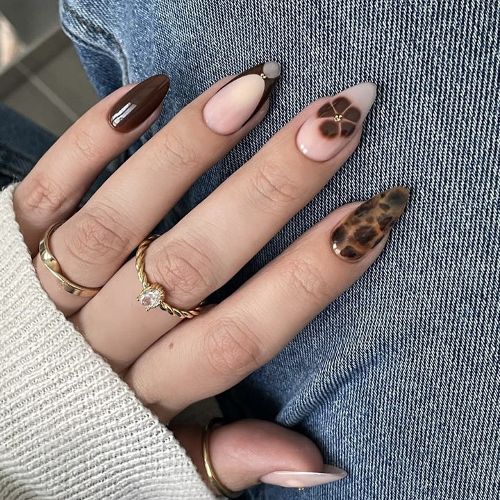 Artistic Press-On Nail Set with Floral and Animal Accents