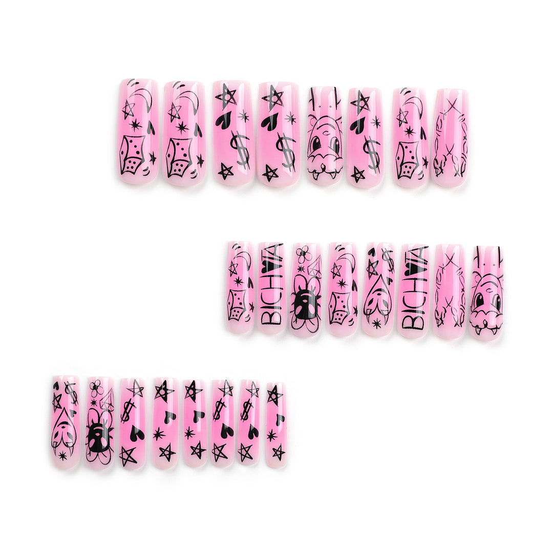 Artificial nail set with playful cartoon motif and shimmering accents Stornfield