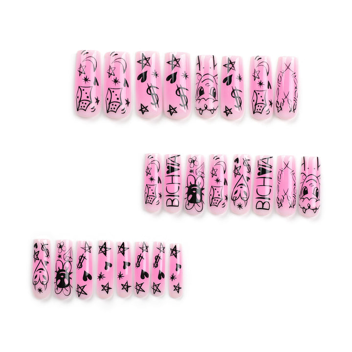Artificial nail set with playful cartoon motif and shimmering accents Stornfield