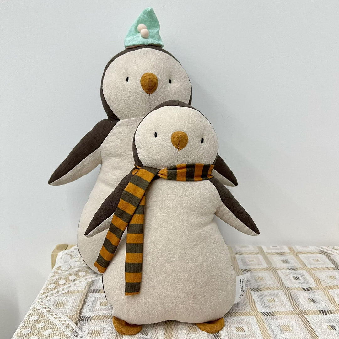 Handcrafted Linen Elephant Plush Doll with Striped Ruffle Collar and Soft Romper