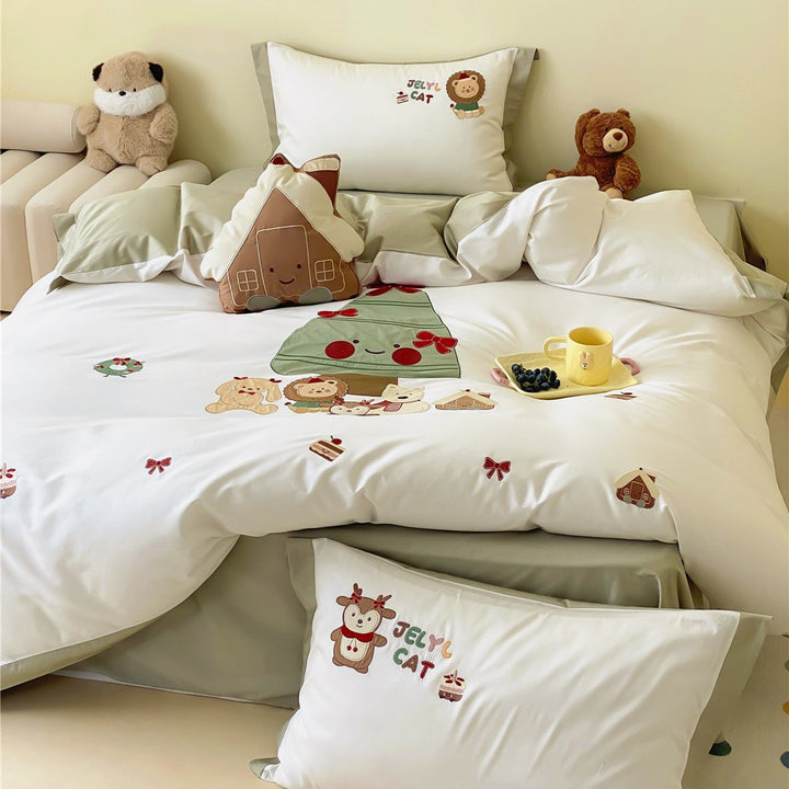 Cartoon Embroidered Kids Duvet Cover Bedding Set with Olive-Edge Pillow Shams