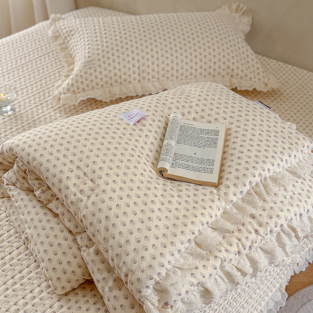 Quilted Floral Ruffled Bedding Set with Eyelet Lace Trim