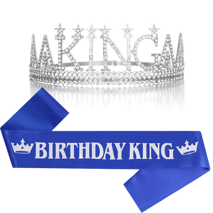 Ladies Glittering Birthday Crown with a Regal "Birthday King" Sash Set Stornfield
