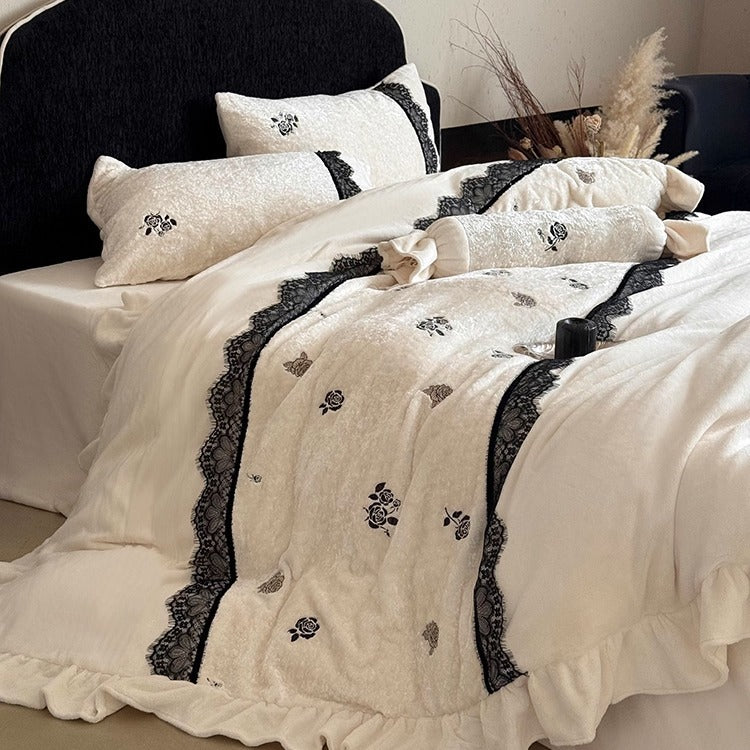 Embroidered Ruffled Duvet Cover Set with Black Lace Trim
