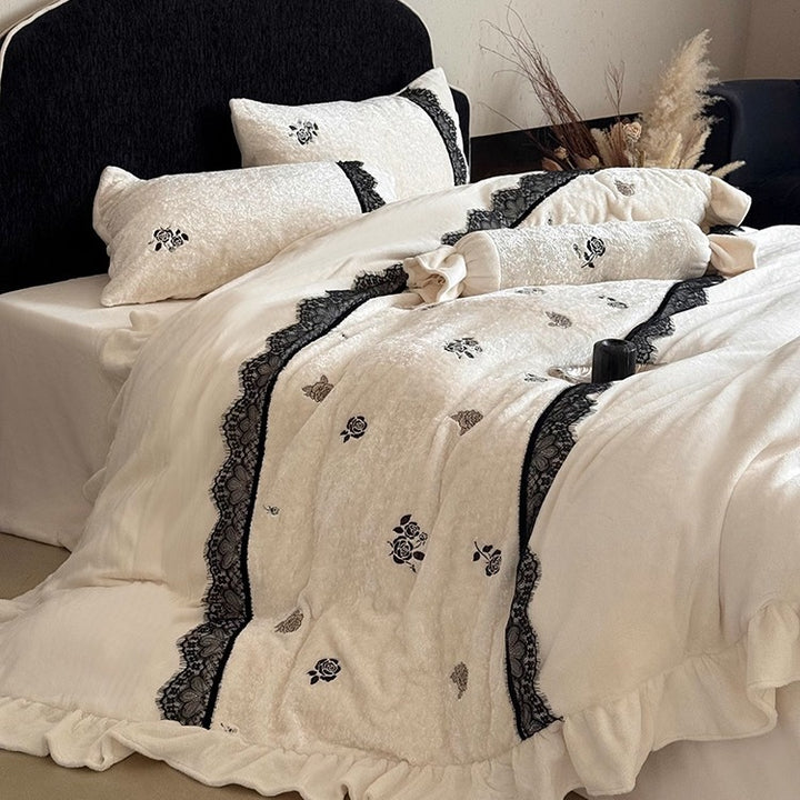 Embroidered Ruffled Duvet Cover Set with Black Lace Trim