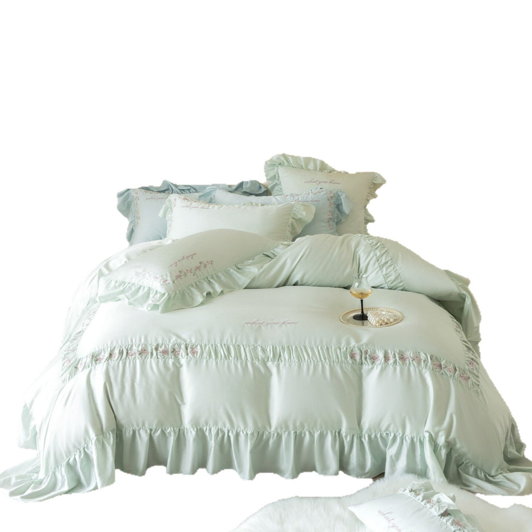 Frilled Embroidered Cotton Sateen Duvet Cover Set