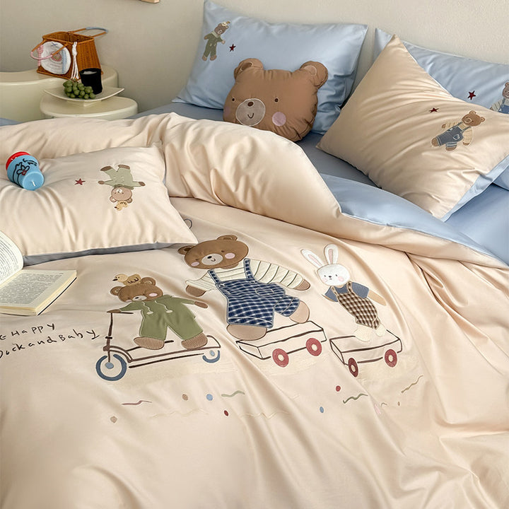 Children's Embroidered Cotton Duvet Cover Set with Playful Bear & Bunny Appliqué