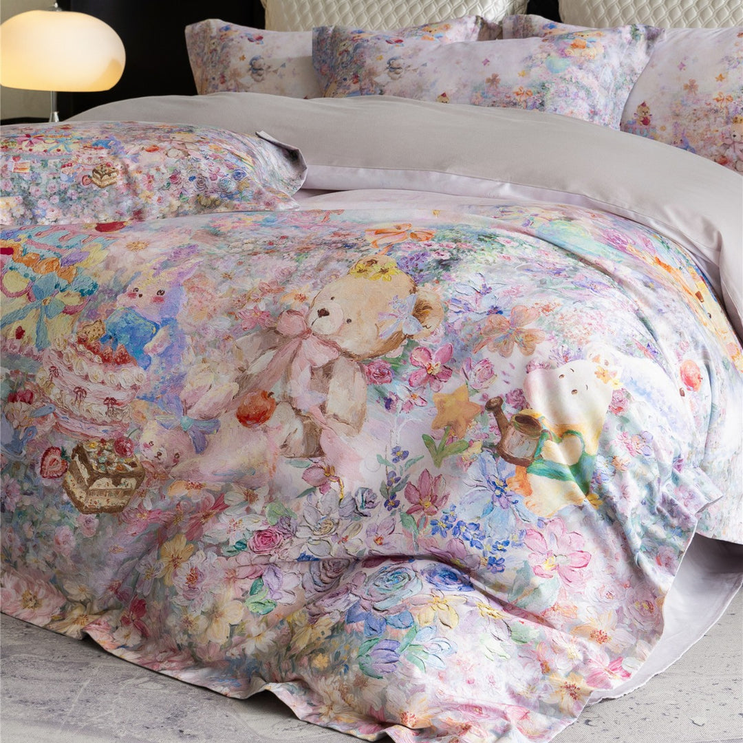 Watercolor Teddy Bear Floral Duvet Cover Set