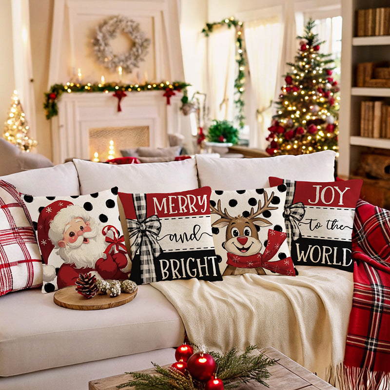 Square Cotton-Linen Decorative Throw Pillow Cover with Cartoon Reindeer and Polka Dot Print