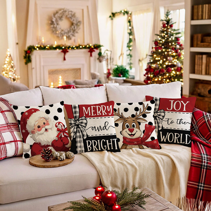 Square Cotton-Linen Decorative Throw Pillow Cover with Cartoon Reindeer and Polka Dot Print
