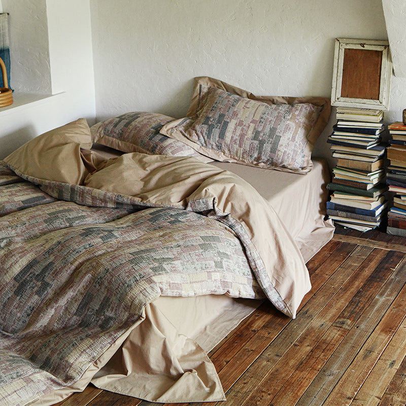 Quilted Cotton-Linen Abstract Block-Pattern Duvet Cover Set with Euro Shams & Deep-Pocket Fitted Sheet