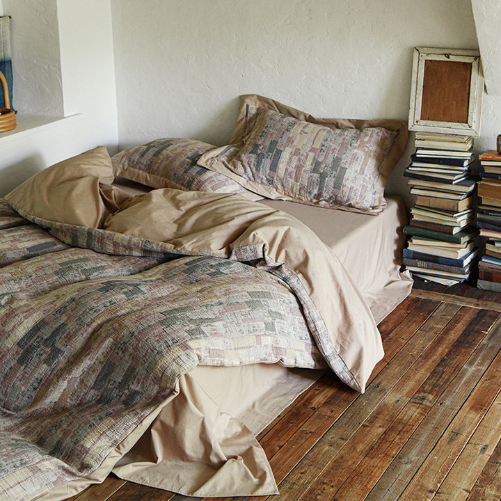 Quilted Cotton-Linen Abstract Block-Pattern Duvet Cover Set with Euro Shams & Deep-Pocket Fitted Sheet