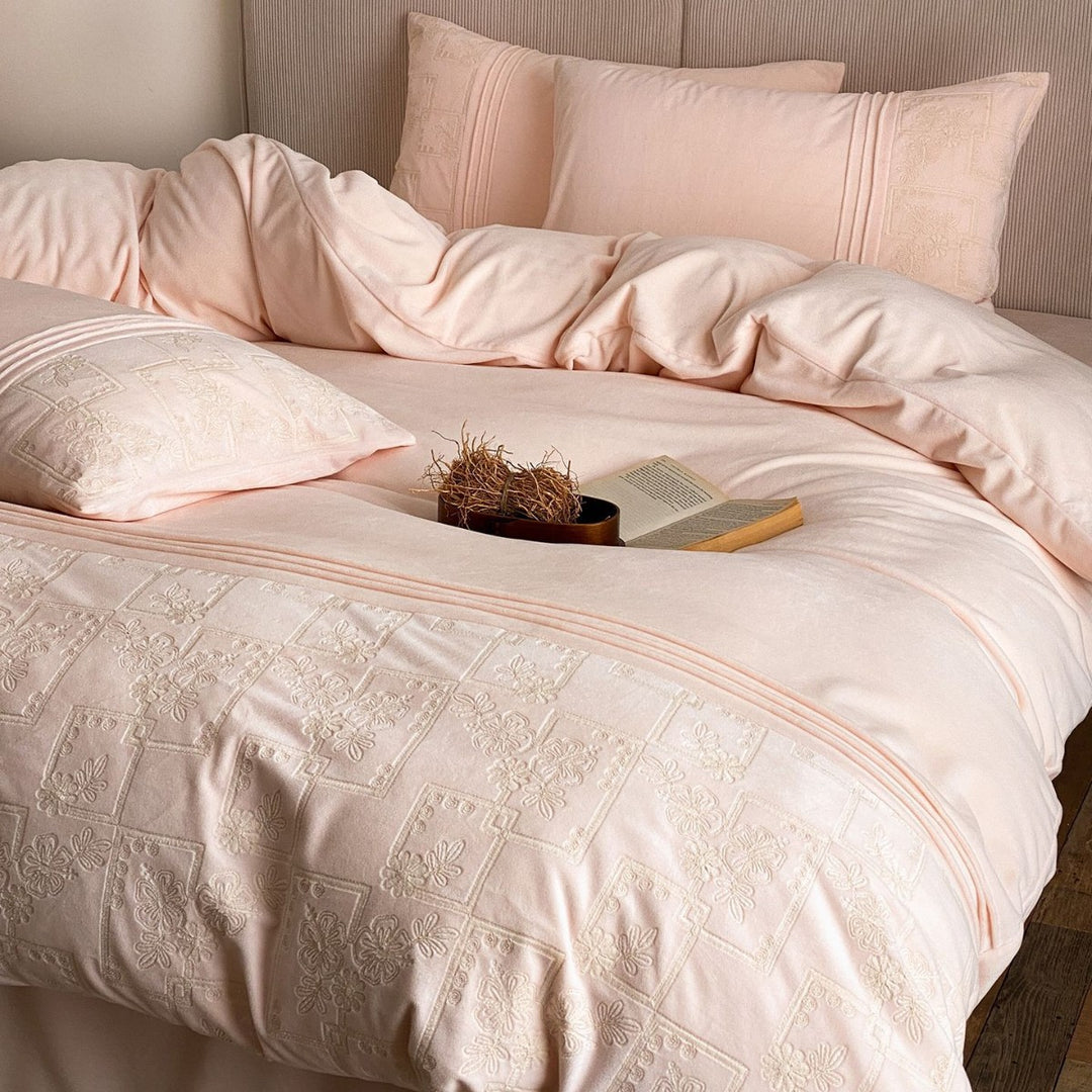 Embroidered Cotton Sateen Duvet Cover Set with Pintuck Panels and Pillow Shams