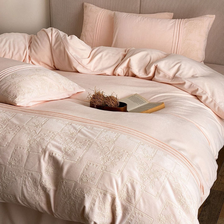 Embroidered Cotton Sateen Duvet Cover Set with Pintuck Panels and Pillow Shams