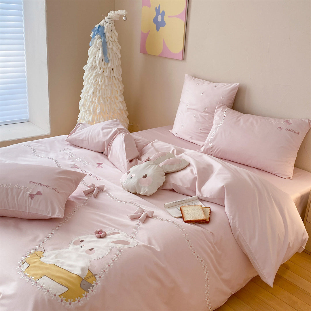 Bunny Appliqué Cotton Sateen Duvet Cover Set with Embroidered Floral Trails & Decorative Sham