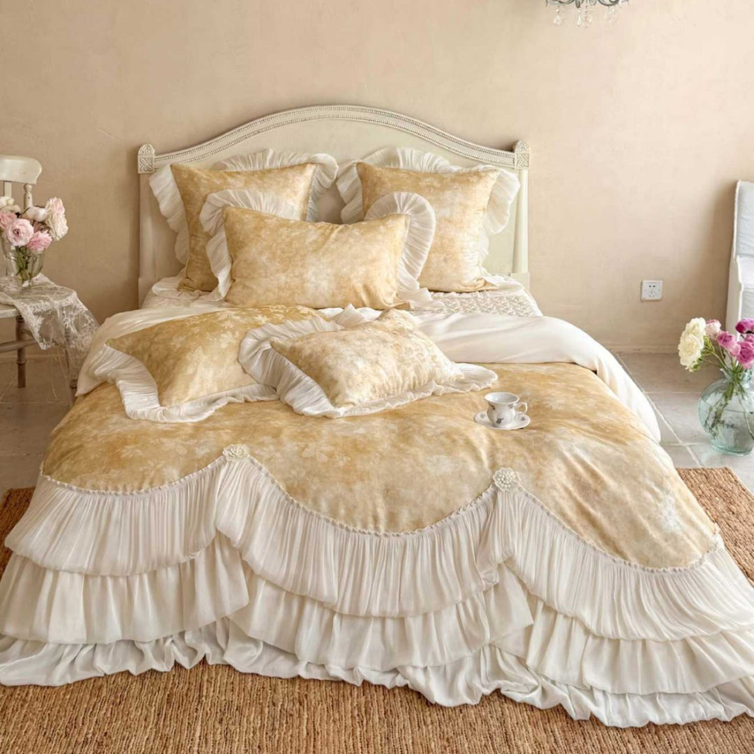 Ruffled Layered Bedspread Duvet Cover Set with Pleated Bedskirt