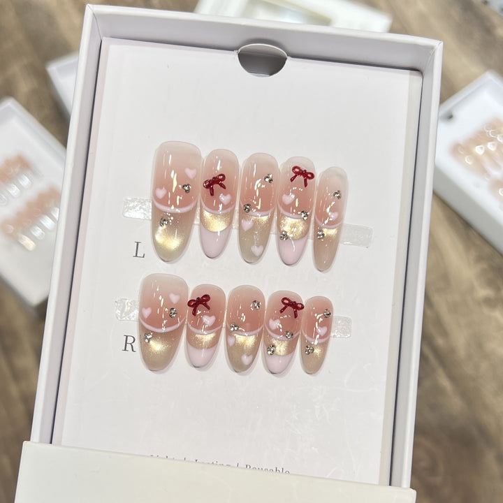 Decorative Press-On Nail Set with Heart and Bow Accents Stornfield