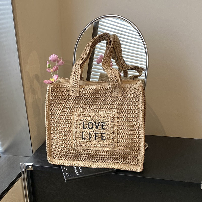 Woven Straw Tote Bag with Inspirational Print