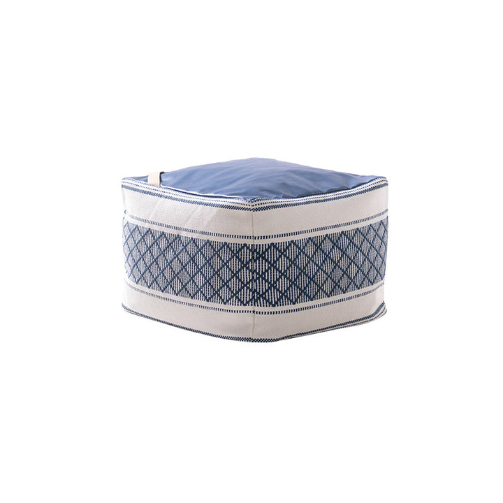 Woven seat pouf with quilted synthetic leather top and carry handle