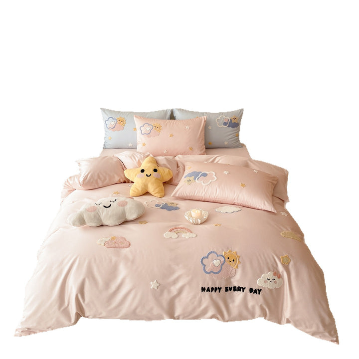 Children's duvet cover set with embroidered cloud and star appliqués