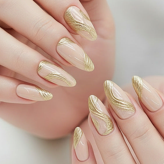 Artistic Press-On Nail Set with Gold Swirl Design Stornfield
