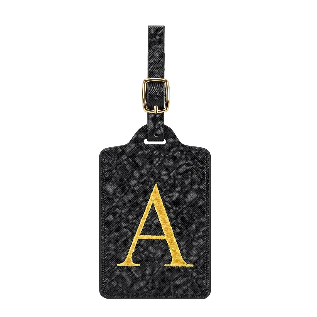 embroidered initial monogram leather luggage tag with adjustable buckle strap Stornfield