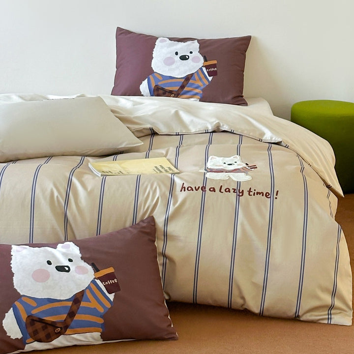 Polka Dot Embroidered Cotton Sateen Duvet Cover Set with Cute Black Cat Applique
