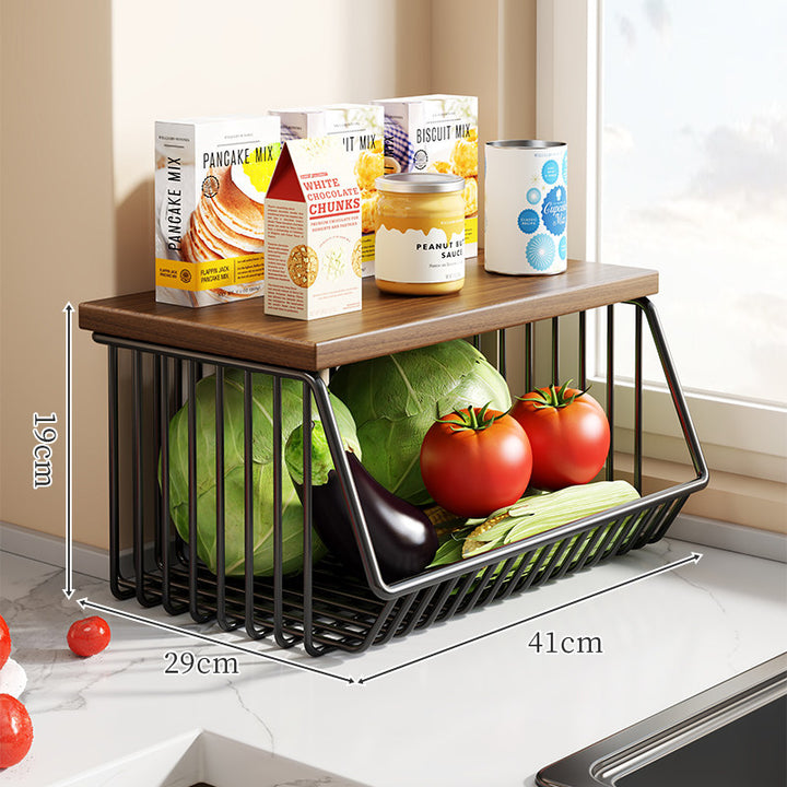 Two-Tier Countertop Vegetable and Pantry Storage Rack with Walnut Wood Top and Sliding Wire Basket