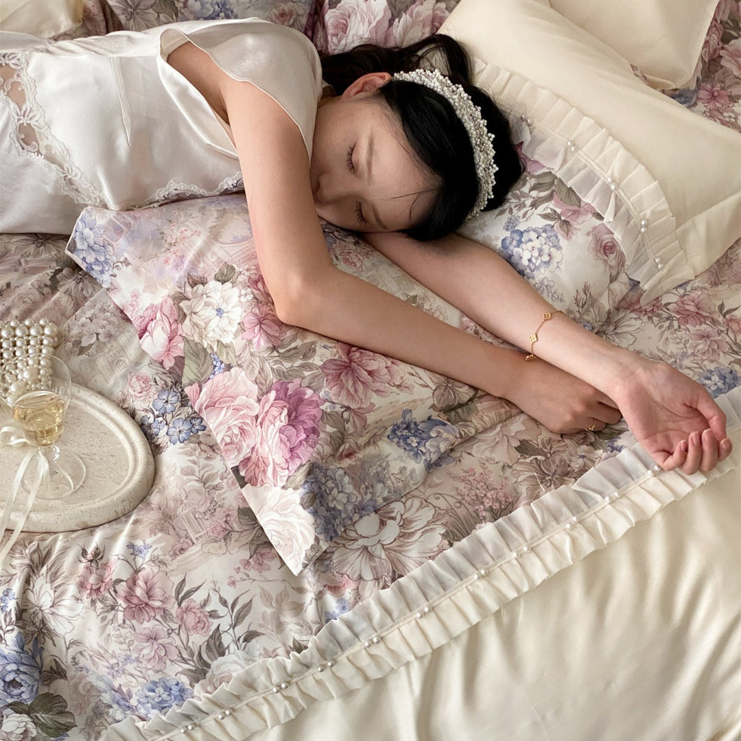 Luxury Floral Ruffled Pearl-Trimmed Duvet Cover Set