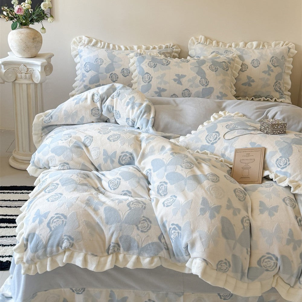 Ruffled Cotton Flannel Duvet Cover and Sham Bedding Set