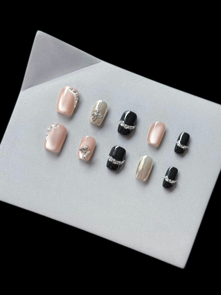 Decorative Press-On Nail Art Set with Rhinestone Accents  1791773547