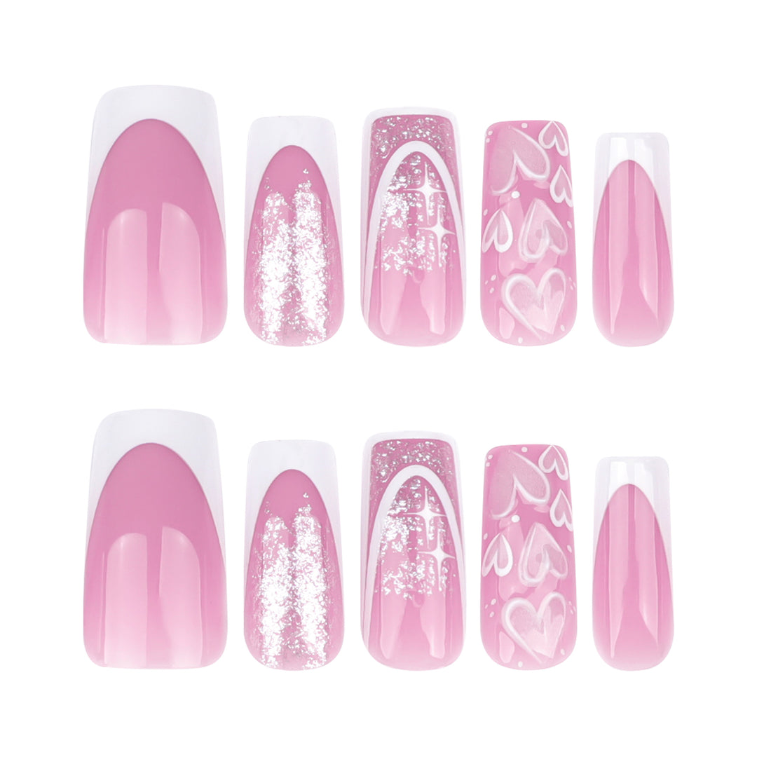 Artful Nail Extensions with Modern Glitter Design and Heart Accents Stornfield