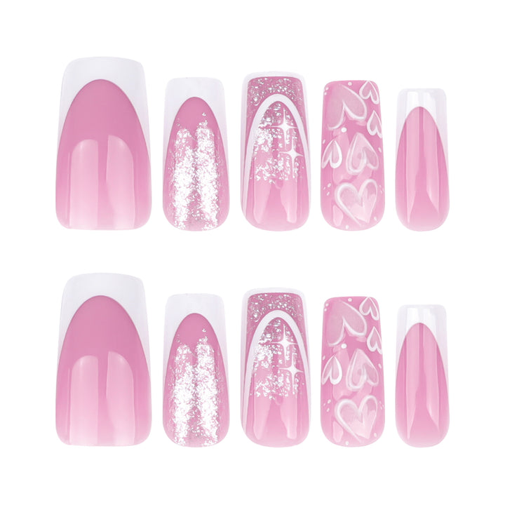 Artful Nail Extensions with Modern Glitter Design and Heart Accents Stornfield