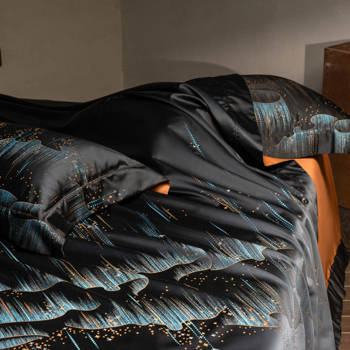 Luxurious satin bedding set with jacquard lace pattern and decorative pillow