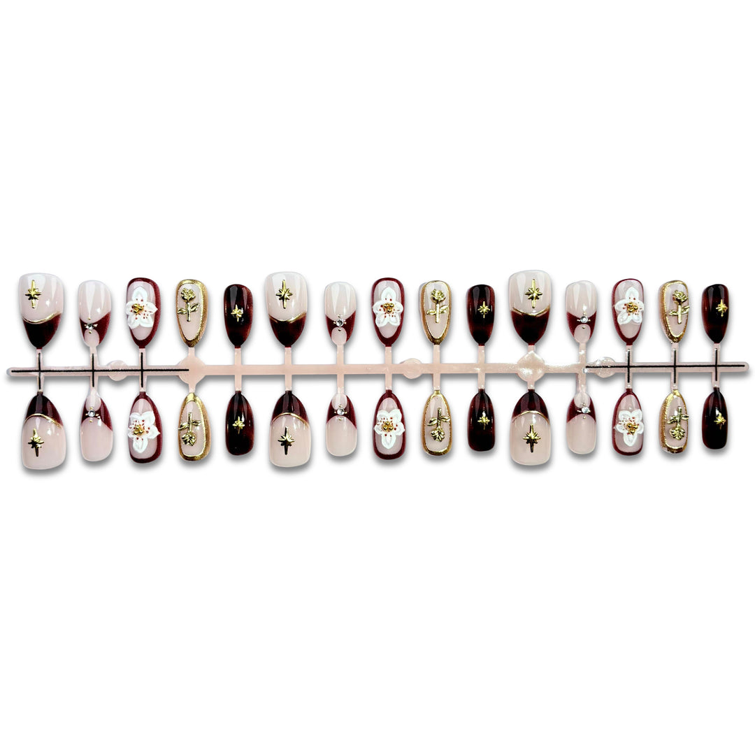 Decorative Press-On Nail Art Set with Floral and Gold Accents
