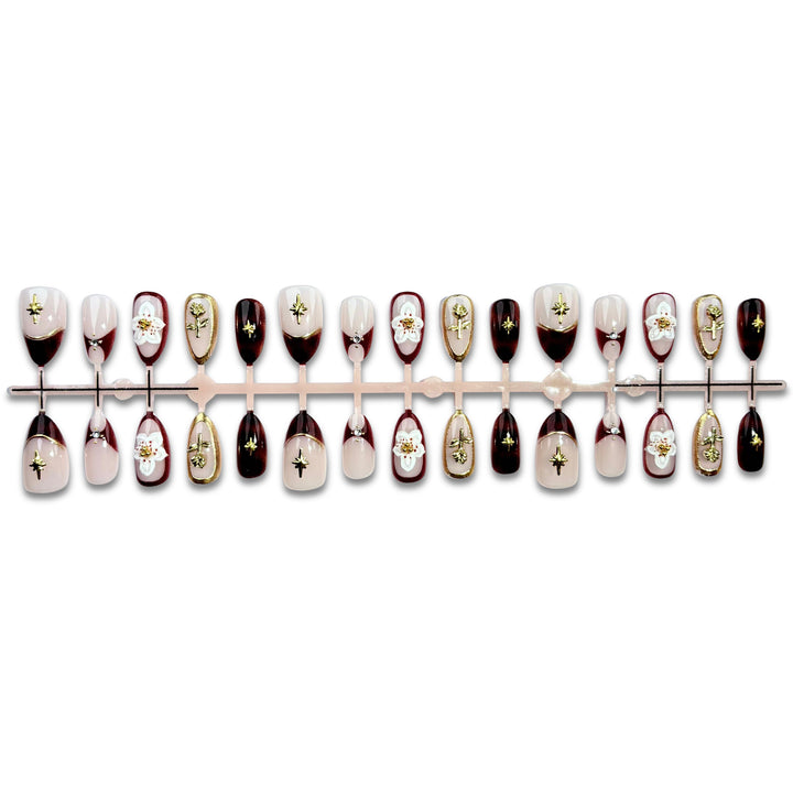 Decorative Press-On Nail Art Set with Floral and Gold Accents