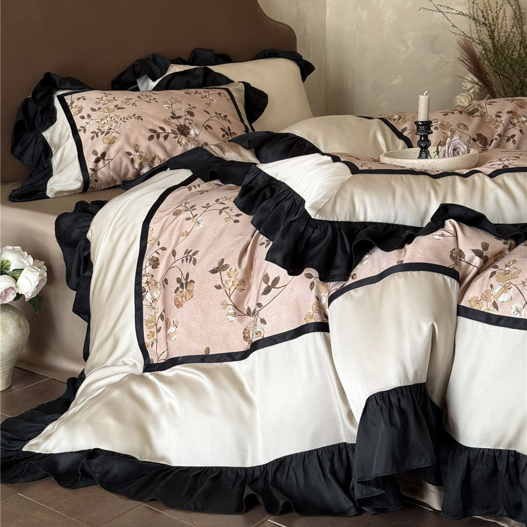 Victorian-Style Ruffled Floral Duvet Cover Set with Pleated Satin Border and Decorative Shams