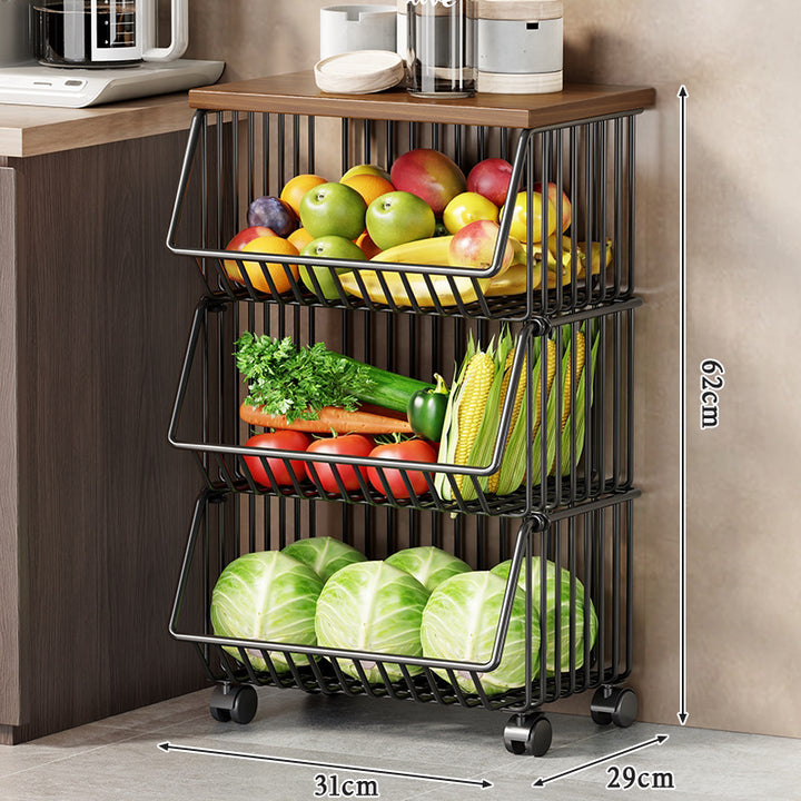 Vertical Five-Tier Rolling Kitchen Produce Storage Cart with Wooden Top and Pull-Out Wire Baskets