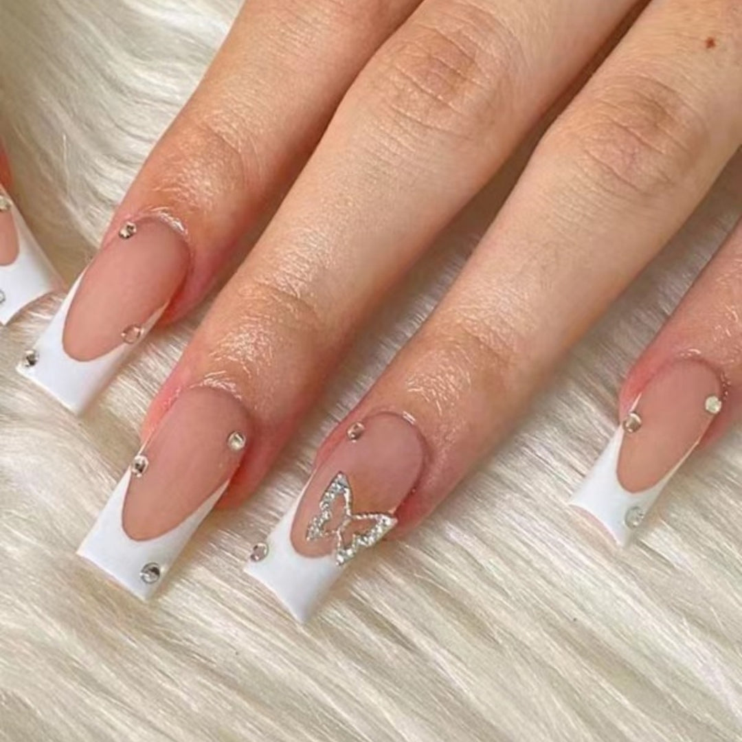 Elegant Glitter-Embellished French Tip Acrylic Nails Stornfield