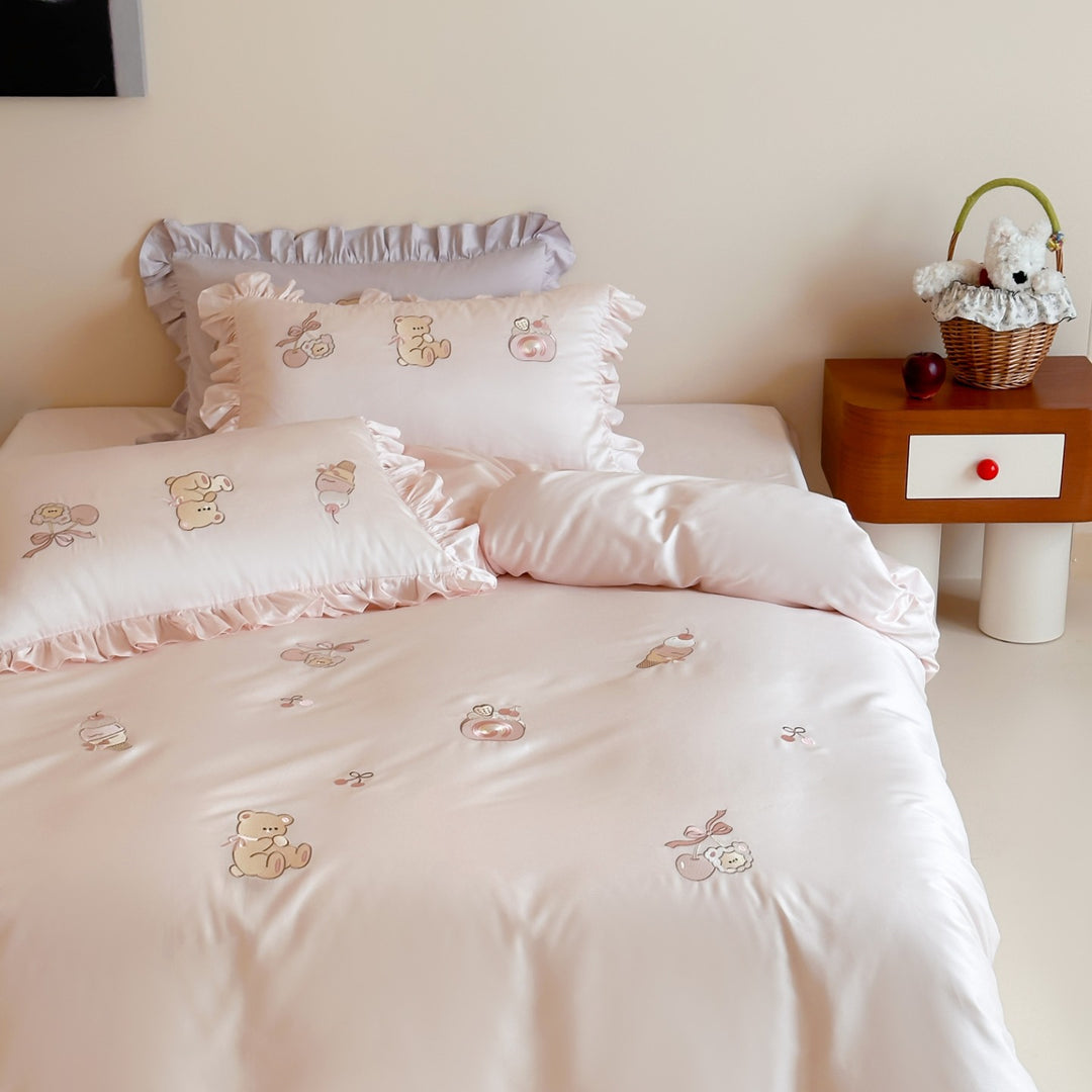 Ruffled Embroidered Cotton Sateen Duvet Cover Set with Decorative Pillowcases