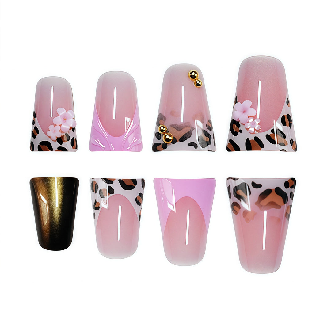 Decorative Press-On Nail Art with Floral and Leopard Accents Stornfield