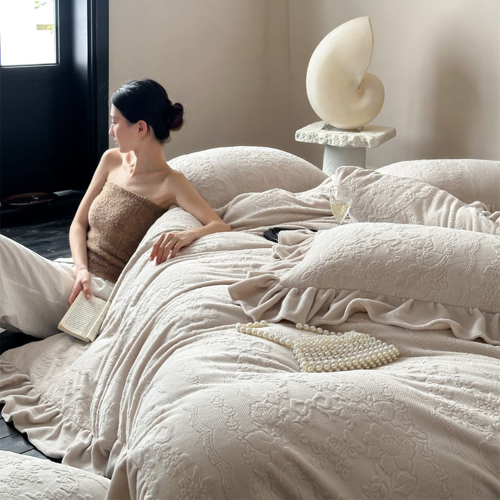 Embossed Jacquard Ruffled Duvet Cover & Decorative Pillow Shams Set
