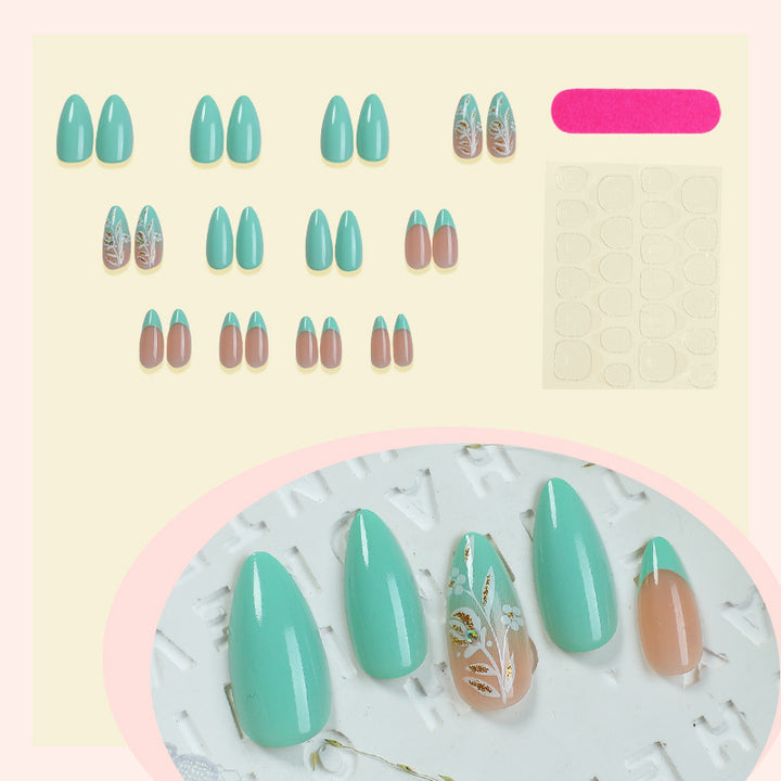Artisan Press-On Nail Set with Elegant Leaf Patterns Stornfield
