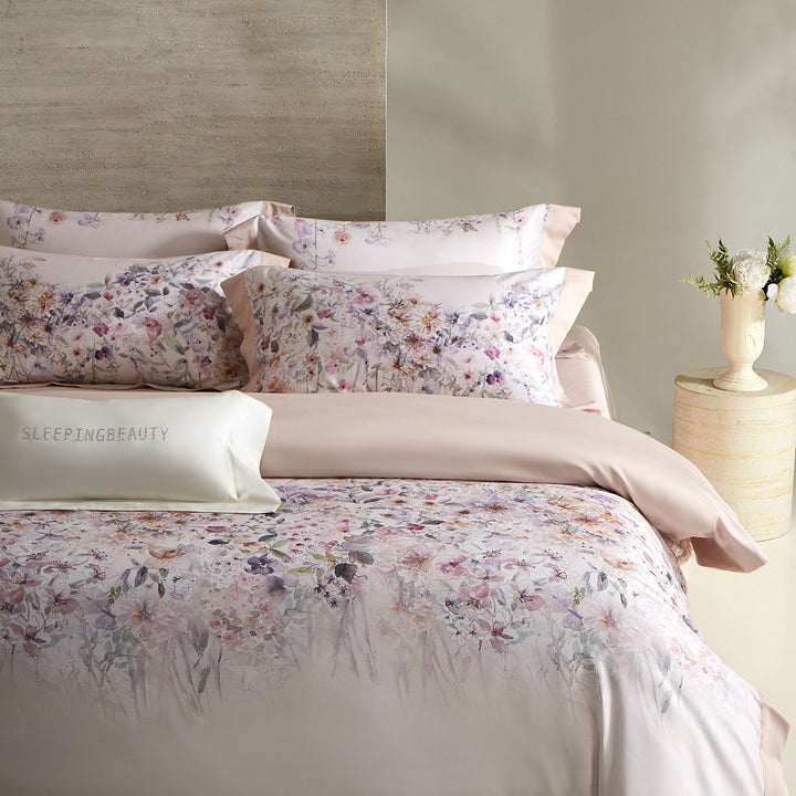 Floral Watercolor Cotton Sateen Duvet Cover Set with Hidden Zipper & Embroidered Pillow Shams