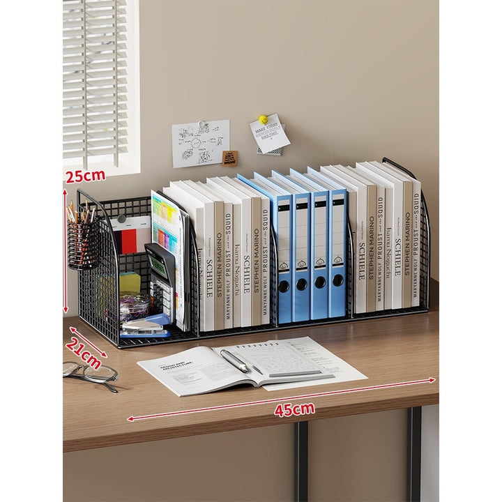 Long Multi-Slot Desktop File and Binder Organizer with Pen and Accessory Holder