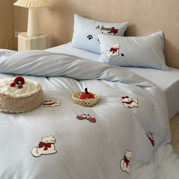 Embroidered Cotton Duvet Cover Set with Cute Cat Motif
